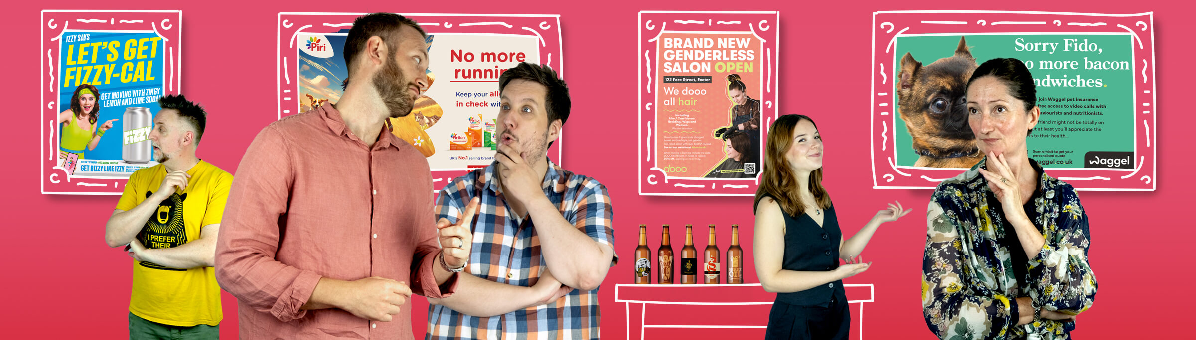 Four people in conversation stood in front of a red background.